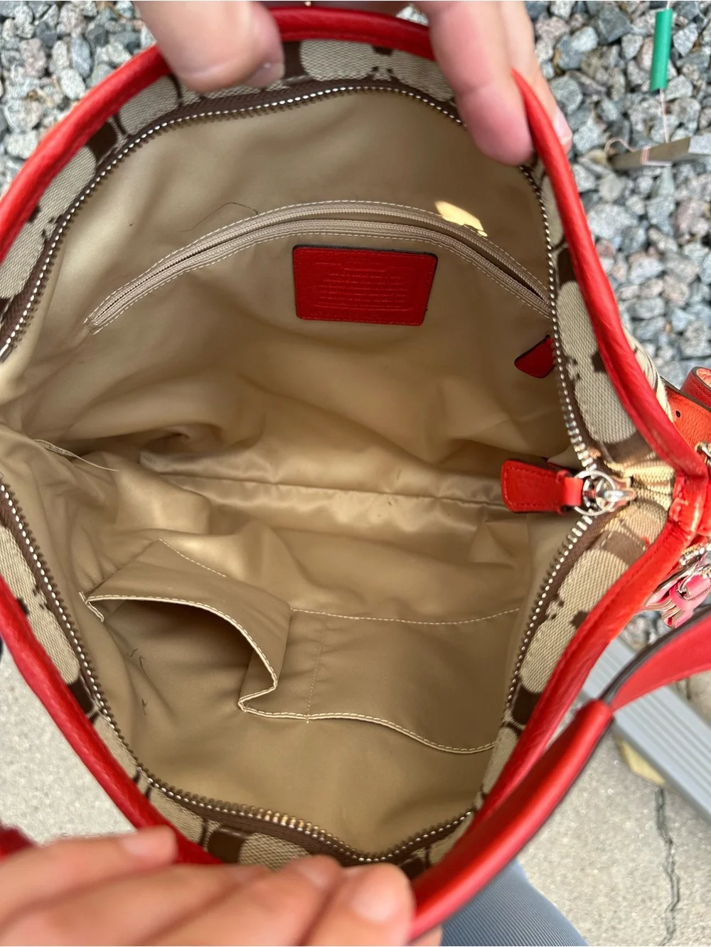 Coach Beige Signature Canvas Tote with Red Trim